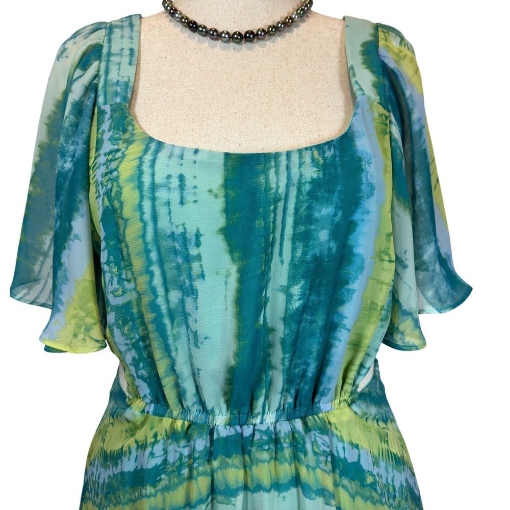 Boho Tie Dye Maxi Dress size 14 Chiffon Flutter Sleeve Cut Out Side High Low Hem - Picture 2 of 11